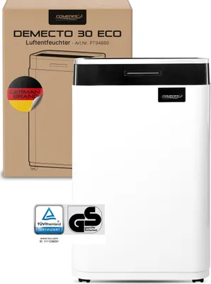 A product image showing a dehumidifier and its packaging.