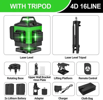 Obrázek produktu pro Křížový laser – 4D, 16 čar – samonivelační s přesností 3° – pokrytí 360° – se stativem – včetně akumulátoru – zlatý