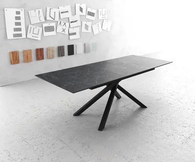 Produktbild von DELIFE Esstisch Edge 180-220x100cm Keramik Laminam®Nero Greco Anthrazit Kreuzgestell Rechteck Schwarz ausziehbar