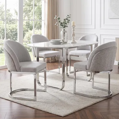 Immagine prodotto di Set di 4 sedie da pranzo MODFU, sedie da cucina con schienale doppio, poltrone relax dal design curvo, poltrone imbottite in chenille, colore grigio chiaro e argento
