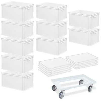A collection of white storage boxes, lids, and a dolly are neatly arranged on a white background.