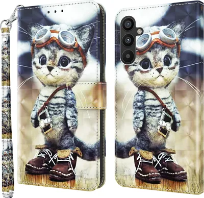 Produktbild von CLM-Tech Hülle kompatibel mit Samsung Galaxy A34 5G - Tasche aus Kunstleder - Klapphülle mit Ständer und Kartenfächern, coole Katze