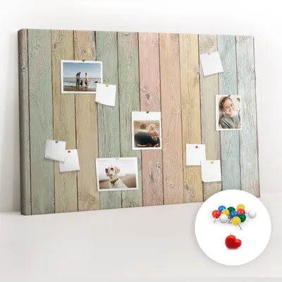 Imagen del producto de Tablero de corcho con chinchetas – Tablero con chinchetas para fotografías y notas – 120x80 cm – 100 chinchetas de colores – Paneles de colores