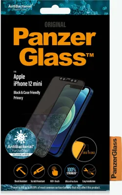 The image shows the packaging of a PanzerGlass screen protector for an iPhone 12 mini.