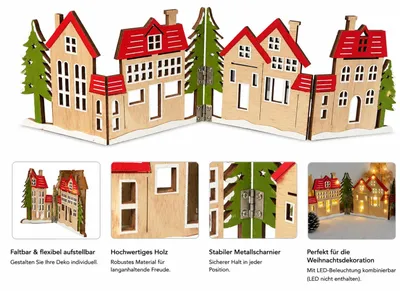 Produktbild von Weihnachtsdorf Holz Deko Klappbar Winterdorf Weihnachtsdeko Häuser LED