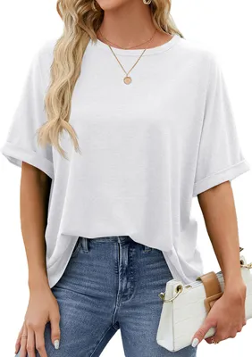 Image de ASKSA T-shirt femme été manches courtes oversized col rond Tops Casual Basic Tee Hauts, Blanc, Taille : M