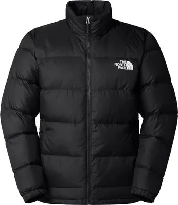 A black puffer jacket with a white logo on the chest.