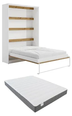 Produktbild von Versteckbett 140 × 200 cm - Manuelle vertikale Öffnung - LED-Beleuchtung - Weiß und natürlich + Matratze - RAPILI