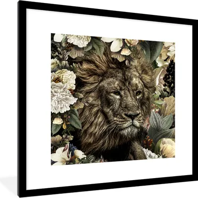 Produktbild von MuchoWow® MuchoWow® Gerahmtes Poster Löwe - Blumen - Blatt 40x40 cm - Poster mit zchwarzem Bilderrahmen - Poster - Plakat im Rahmen
