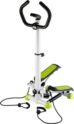 A white fitness stepper with green pedals and black handlebars against a white background.