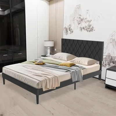 Produktbild von Bettgestell - Einzelbett - Seniorenbett - Kinderbett - Gästebett - Schwarzes Kunstlederkopfstück
