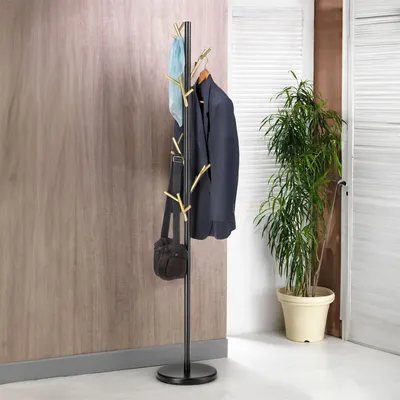Produktbild von Kleiderständer ZENO aus Metall, Schwarz/Gold - Garderobenständer, Jackenständer mit 6 praktischen Haken. Ideal für Flur und Eingangsbereich