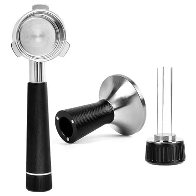 Produktbild von Kaffee-Stampfer-Set, 2-in-1, 53 mm Espresso-Kaffee-Stampfer mit Ruehrer, Edelstahl, gebogene Basis, magnetischer Kaffeeverteiler, Tamper, bodenloser Siebtraeger mit Filterkorb, kompatibel mit 54 mm Breville Siebtraegerkorb