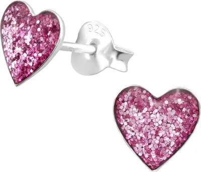 Produktbild von Ohrringe Ohrstecker 925 Sterling Silber mit Glitter-Herz in pink oder rot Farbe - Pink