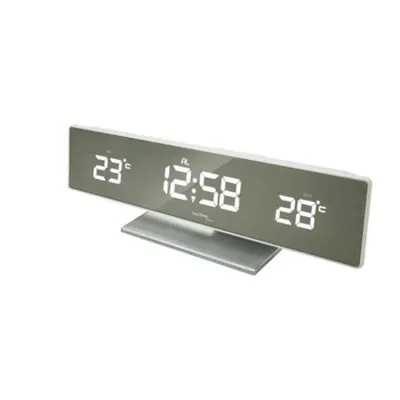 A digital clock and thermometer with a silver stand, shown against a white background.