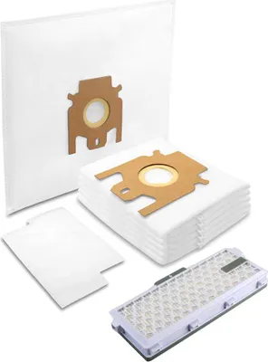A collection of vacuum cleaner bags and filters are displayed on a white background.