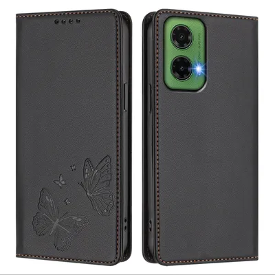 Produktbild von Lederhülle für Motorola Moto G35, Schmetterling Prägung Leder Brieftasche Schutzhülle mit Ständer Schwarz