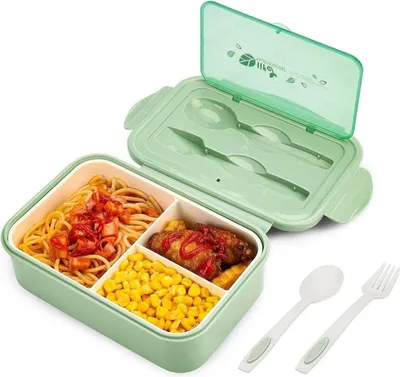 Zdjęcie produktu dla BIBURY Lunch Box Bento Box 3 przegrody Sztućce Szczelna lodówka Można myć w zmywarce Można używać w kuchence mikrofalowej Zielony