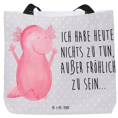 Produktbild von Mr. & Mrs. Panda Schultasche Axolotl Hurra - Grau Pastell - Geschenk, Spaß, Stoffbeutel, Tasche, Motivation, Lurch, Freude, Beutel, Strandtasche, Laptoptasche, Tote Bag