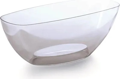 A clear, studio shot of a transparent oval bowl.