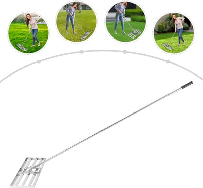 A collage of images showing a woman using a lawn leveling rake in different settings, with a separate image of the rake itself.