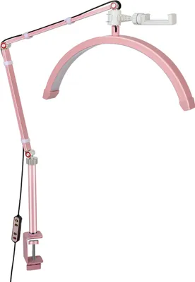A pink LED ring light with an adjustable arm and C-clamp base, isolated on a white background.