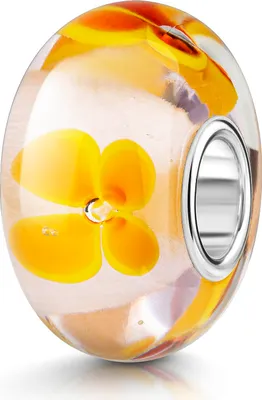 Produktbild von MATERIA by Matthias Wagner Blüten Glas Bead hellrosa mit Blumen orange gelb und 925 Silber Hülse für Armband 1256