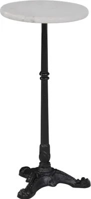 A white marble-top bistro table with a black cast iron base and pedestal.