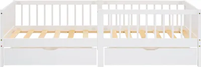 Produktbild von Homestyle4u Kinderbett 90x200 mit Rausfallschutz Holzbett 2 Bettkästen mit Lattenrost Weiß 2911