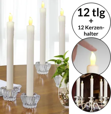 Image de Set de 12 bougies LED en cire véritable Chandelle sans flamme avec bougeoir en verre Lumière blanc chaud