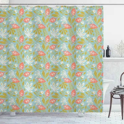 Obrázok produktu pre ABAKUHAUS Kvetinová sprchová záves, retro minimalistický expresionizmus Blooms s drsným ružovým vzorom, 175 x 180 cm, Seafoam Coral