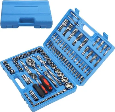 Image de Jeu d'outils - Jeu de douilles à cliquet - Empreinte de 0,64 cm et 1,27 cm - Pour le métal - Mallette de rangement - Bleu