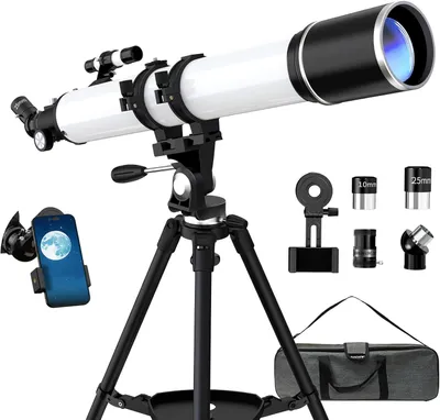 Image de Télescope pour adultes, idéal pour l'astronomie, avec un diamètre de 90 mm et une focale de 900 mm. Télescope réfracteur pour enfants et débutants, offrant un grossissement de 36x à 270x, avec adaptateur pour smartphone