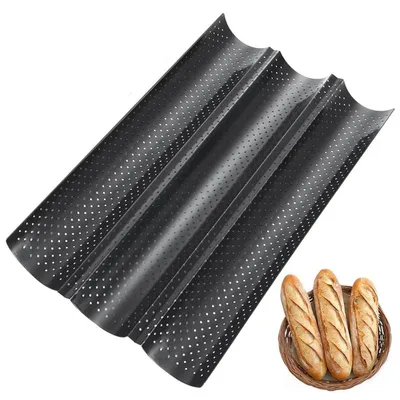 Image de Plaque de cuisson pour baguettes, en acier carbone avec revêtement antiadhésif, noire, dimensions 38 x 24,5 cm