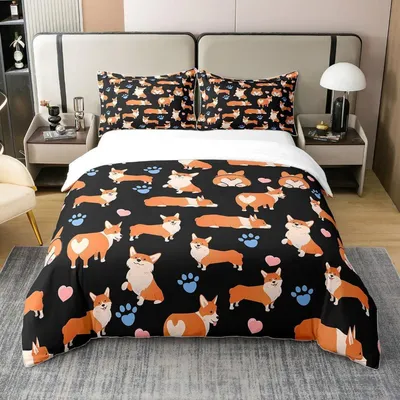 Zdjęcie produktu dla Komplet pościeli z motywem corgi, 155x220 cm, 100% bawełna, wielokolorowy, zawiera 1 poszewkę na poduszkę 80x80 cm