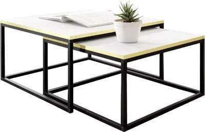 Produktbild von KIER FURNITURE LOFTI Couchtisch 2er Set Beistelltisch Tisch - Weiß und Goldfarbenes Furnier