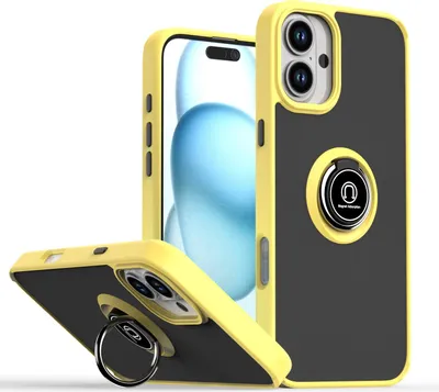 Produktbild von Hülle für iPhone 16 Matte Transluzent TPU Stoßfest Schutzhülle mit Ring Halter Ständer Gelb