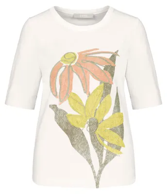Produktbild von Modisches Print-Shirt DINIA mit Rundhalsausschnitt, verlängertem Kurzarm, Gelb-Mix, Größe 48