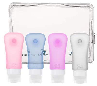 Image de Ensemble de 4 flacons de voyage – Contenants cosmétiques réutilisables et anti-fuite – Set de flacons de voyage en silicone – 89 ml – Ventouse antidérapante – Sans – Flacons cosmétiques