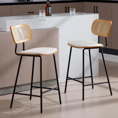 Productafbeelding van Barstoelen, set van 2, riet, kunstleer, wit, metalen poten. Geschikt voor de keuken, bar of toonbank