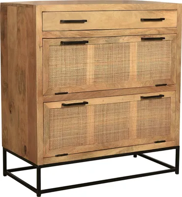 A wooden cabinet with rattan fronts and black metal legs.
