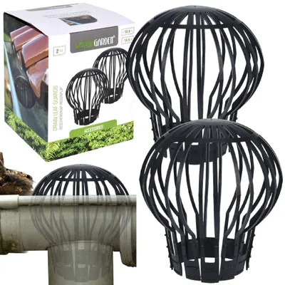 A product shot of black drain leaf guards, with a box and a close-up of one installed in a gutter.