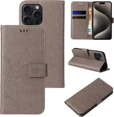 Produktbild von Handyhülle für Apple iPhone 16 Pro Max Floral Blumen Schmetterling Flip Cover Hülle Case Klapphülle Handytasche Farbe: Grau