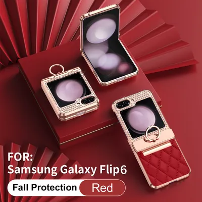Image de Etui en cuir pour Samsung Galaxy Z Flip 6 / Z Flip 7 FE avec porte-anneau, étui de protection t brillant avec protection de la charnière rouge