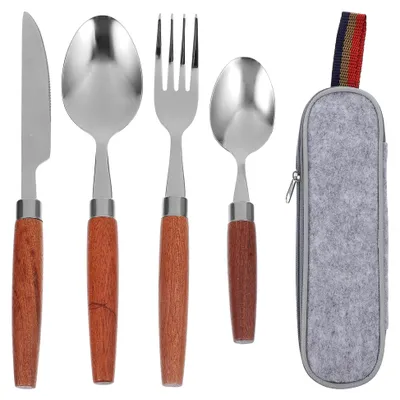 Produktbild von Tragbares Campingbesteck 4-teilig aus Edelstahl mit Holzgriff für Picknick und Reisen