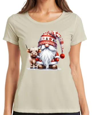 Immagine prodotto di Maglietta da donna con decorazioni natalizie: simpatico Babbo Natale con cappello a corna di mucca, colore naturale, taglia L