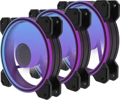 Three computer fans are arranged in a row, angled slightly towards the viewer.