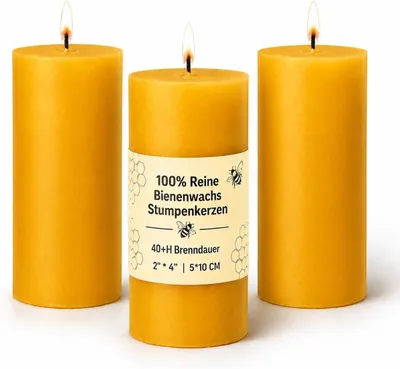 Image de 3 bougies en cire d'abeille, durée de combustion de 40 heures, 100% cire d'abeille pure, bougies pilier, sans paraffine, sans fumée, bougies naturelles