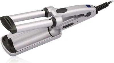 A silver and black hair crimper is shown against a white background.