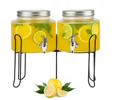 Obrázok produktu pre Dávkovač nápojov, 2x 2,5 litra, sklenený, s kohútikom a podstavcom. Dávkovač na dvojité dávkovanie džúsu alebo limonády